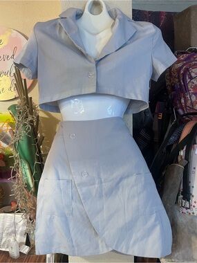 Cropped Button-Front Two-Piece Skirt Set — gray